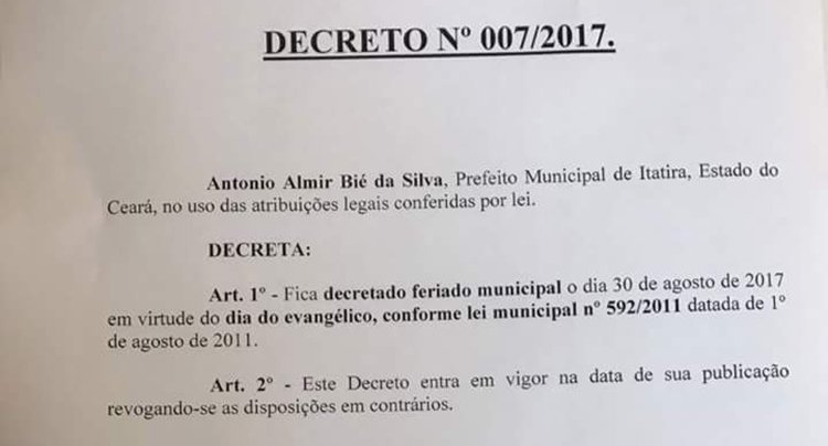 Prefeito de Itatira decreta feriado municipal em alusão ao dia do Evangélico