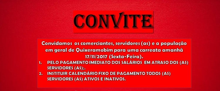 Servidores de Quixeramobim realizarão carreata reivindicando pagamentos de salários