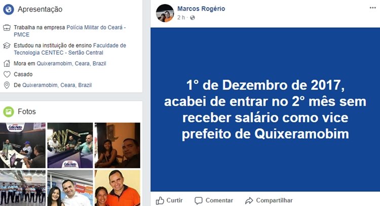 2 meses sem receber: Vice-prefeito de Quixeramobim cobra pagamento do próprio salário no Facebook