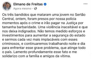 “Irão pagar por tamanha barbaridade”, diz Elmano sobre criminosos que mataram Natany Alves