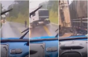 Susto grande: Caminhoneiro escapa de batida com outro caminhão em rodovia do Paraná