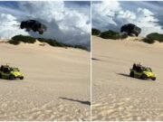 Carro ‘voa’ em duna de Canoa Quebrada e veículo fica destruído