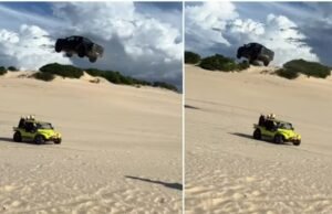 Carro ‘voa’ em duna de Canoa Quebrada e veículo fica destruído