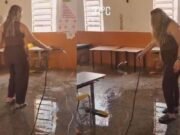 Professora usa mangueira para tentar amenizar calor em sala de aula no Piauí