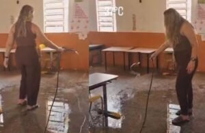 Professora usa mangueira para tentar amenizar calor em sala de aula no Piauí