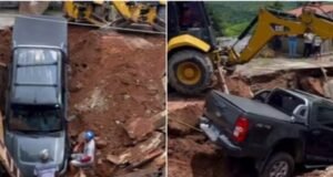 Caminhonete com padre é “engolida” por cratera em garagem de casa paroquial no Ceará