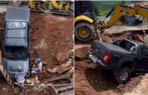 Caminhonete com padre é “engolida” por cratera em garagem de casa paroquial no Ceará